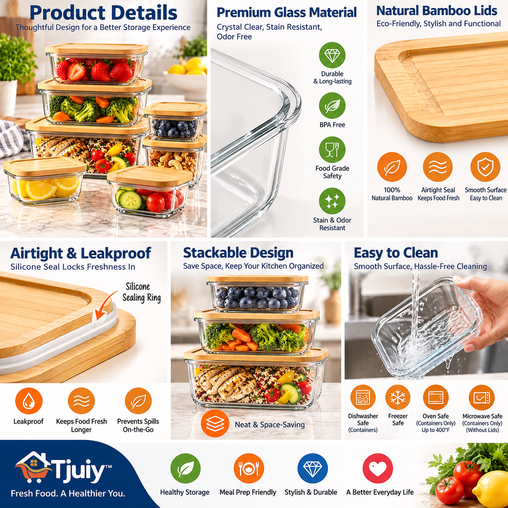 Tjuiy™ Bamboo-Lid Glass Food Storage Container Set details and features