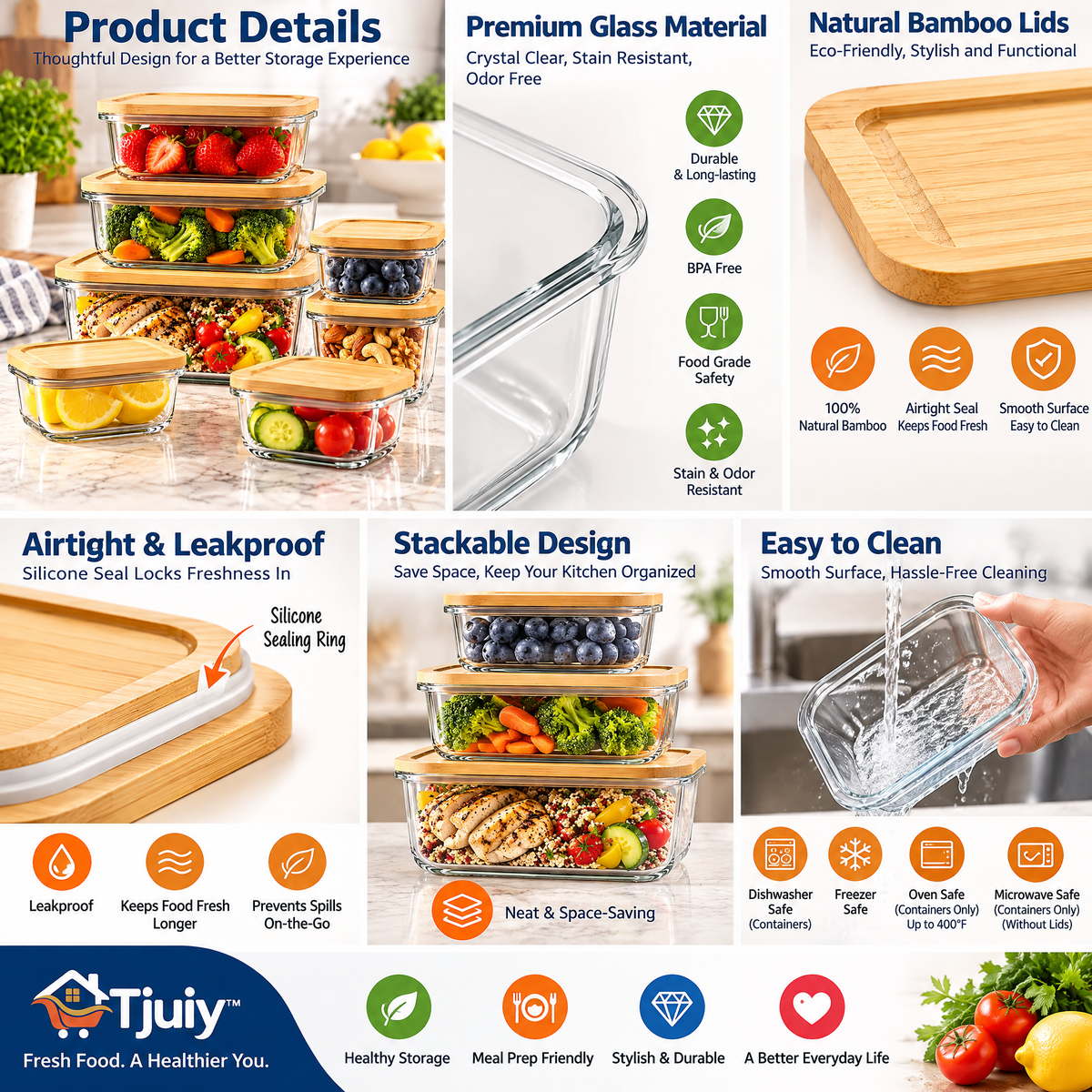 Tjuiy™ Bamboo-Lid Glass Food Storage Container Set details and features