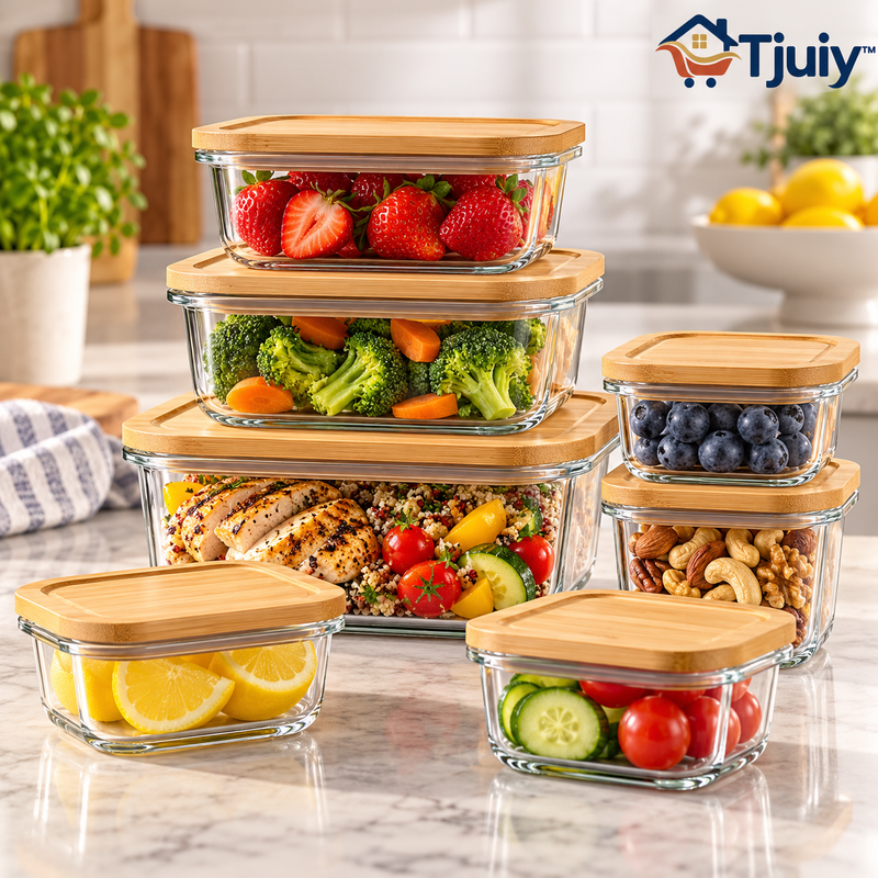 Tjuiy™ Bamboo-Lid Glass Food Storage Container Set