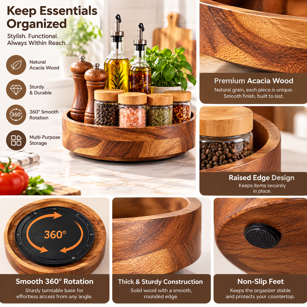 Tjuiy™ Acacia Wood Rotating Countertop Organizer details and features