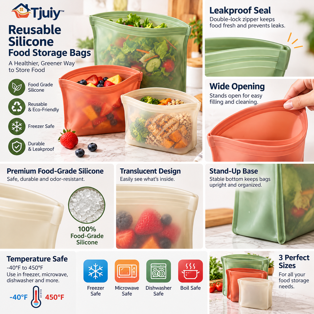 Tjuiy™ Reusable Silicone Food Storage Bag Set details and features