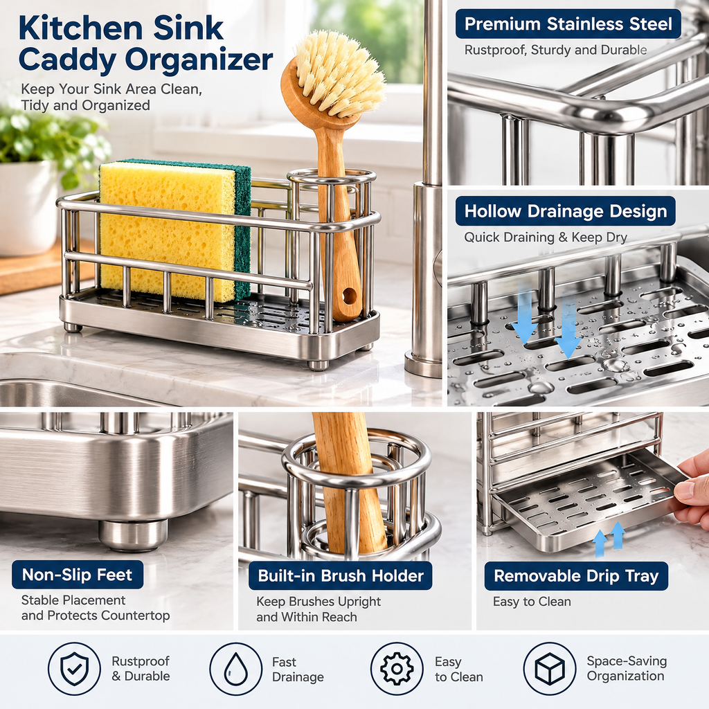Tjuiy™ Stainless Steel Sink Caddy with Drain Tray details and features