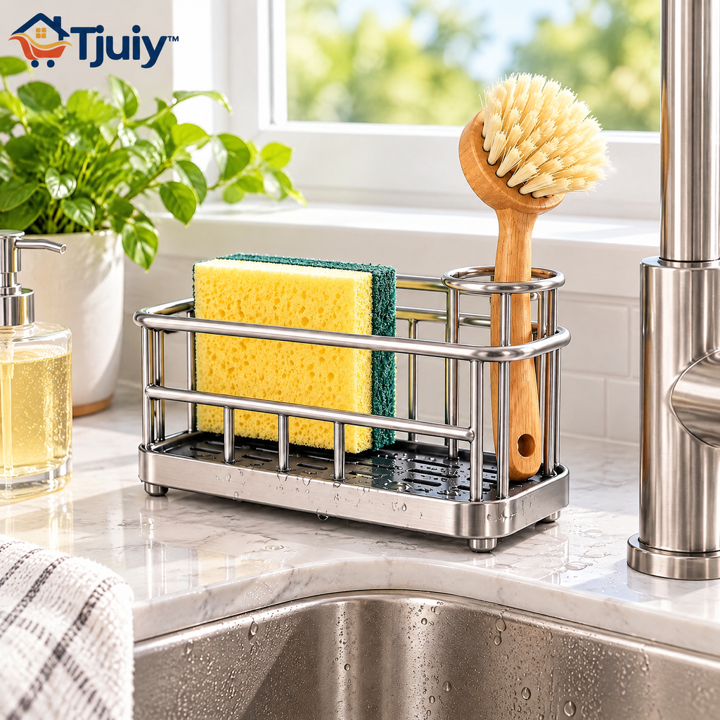 Tjuiy™ Stainless Steel Sink Caddy with Drain Tray lifestyle scene