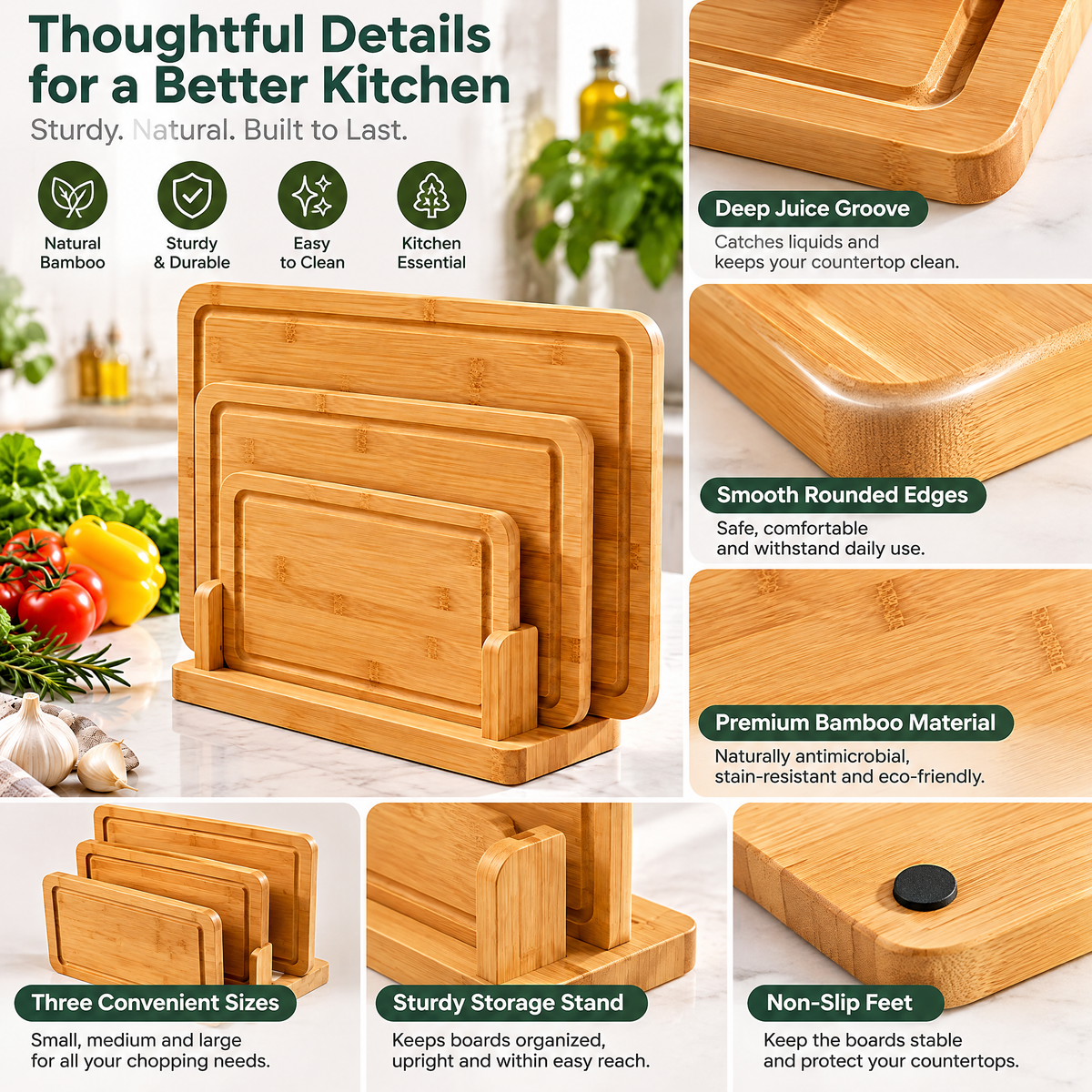 Tjuiy™ Bamboo Cutting Board Set with Storage Stand details and features