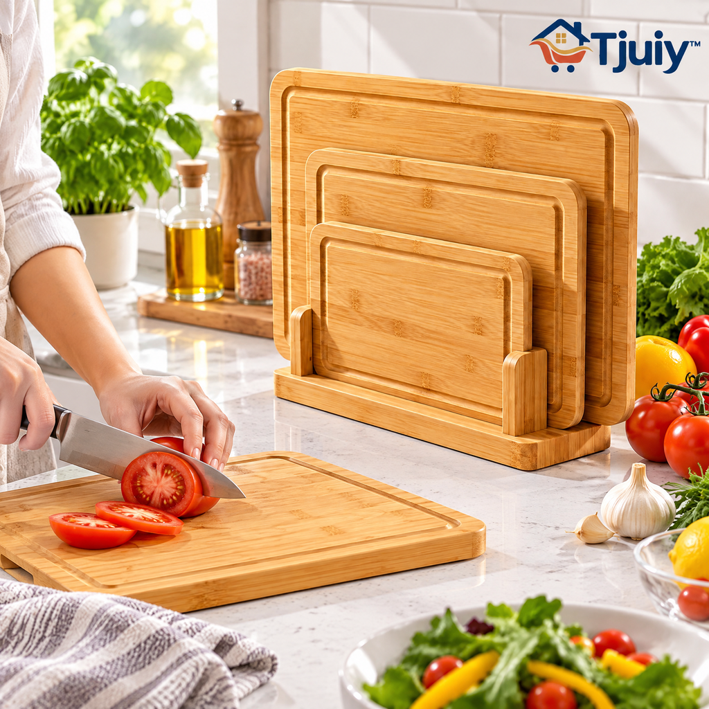Tjuiy™ Bamboo Cutting Board Set with Storage Stand lifestyle scene