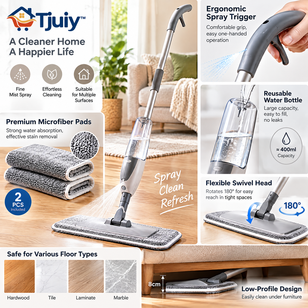 Tjuiy™ Refillable Microfiber Spray Mop System details and features
