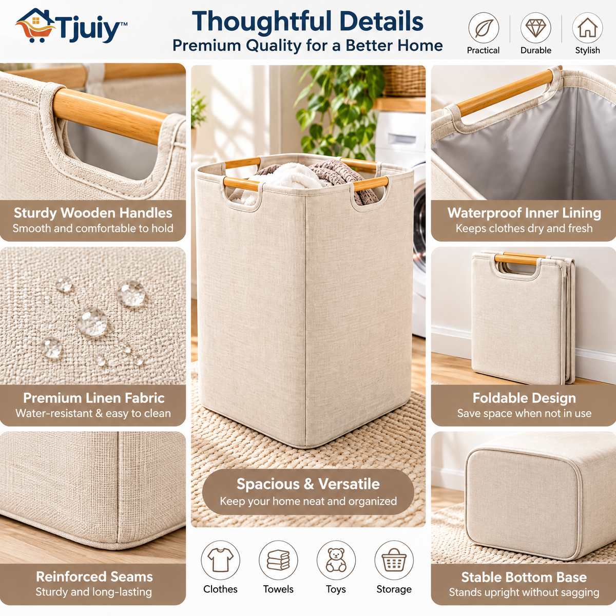 Tjuiy™ Collapsible Laundry Hamper with Bamboo Handles details and features