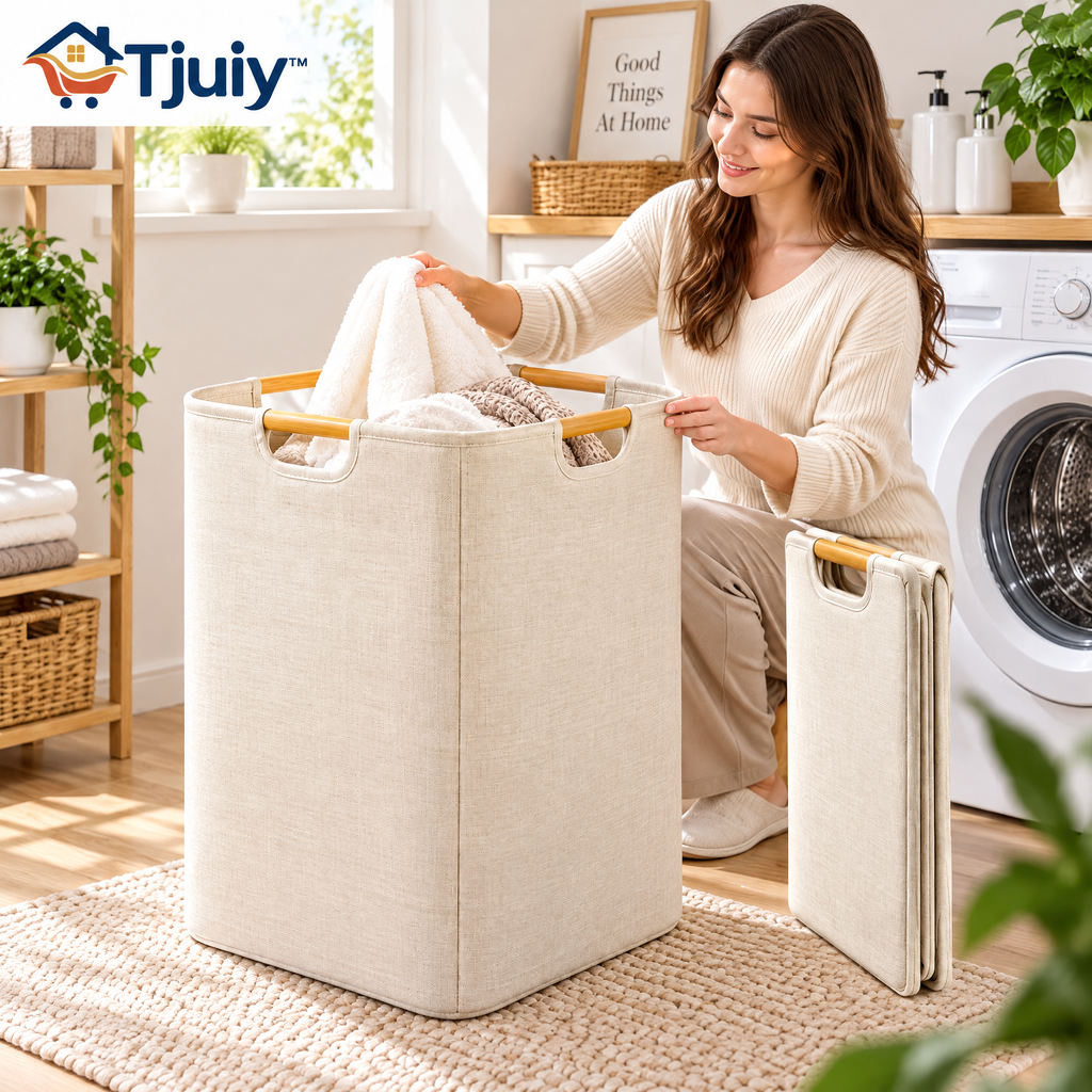 Tjuiy™ Collapsible Laundry Hamper with Bamboo Handles lifestyle scene