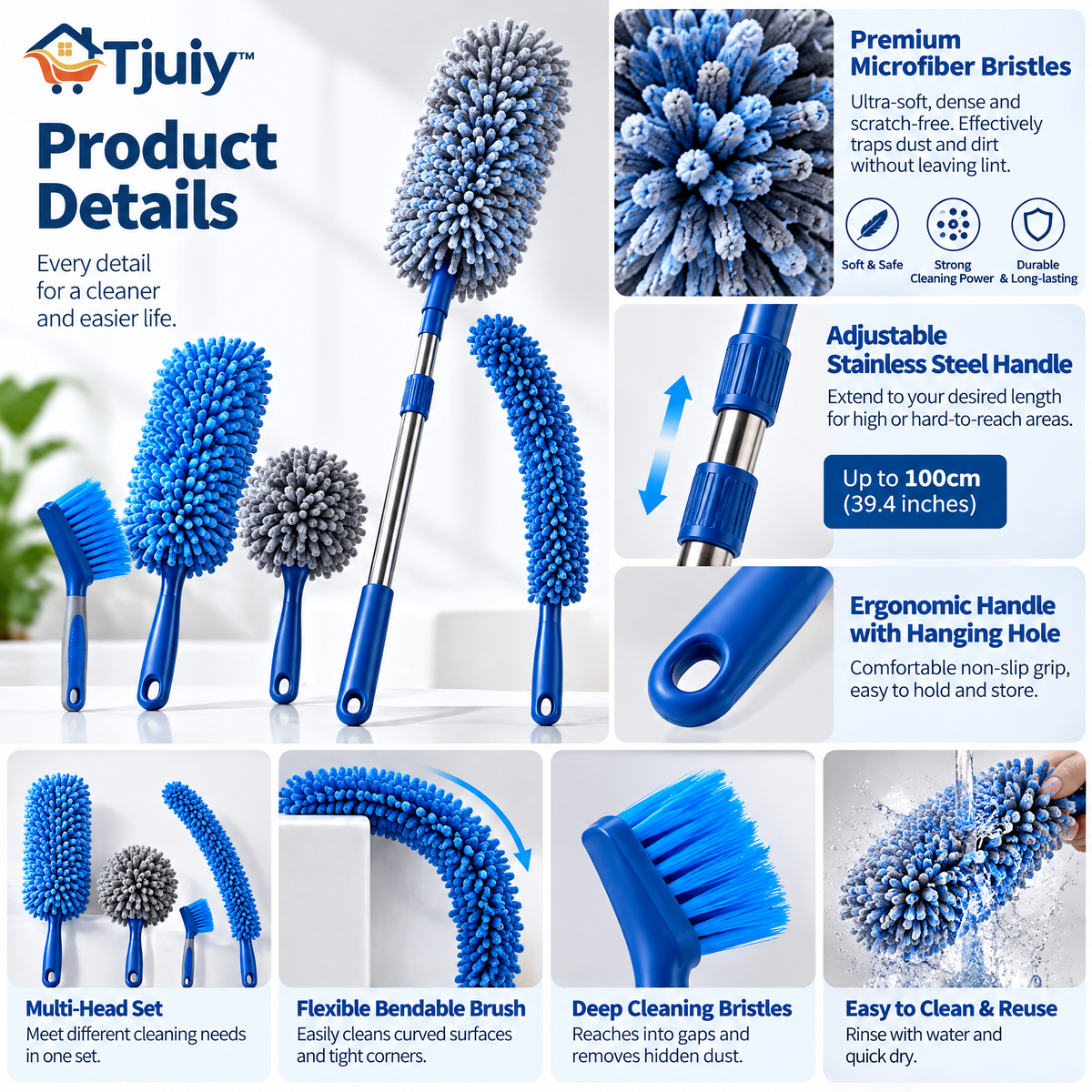 Tjuiy™ Extendable Microfiber Duster & Detail Brush Kit details and features