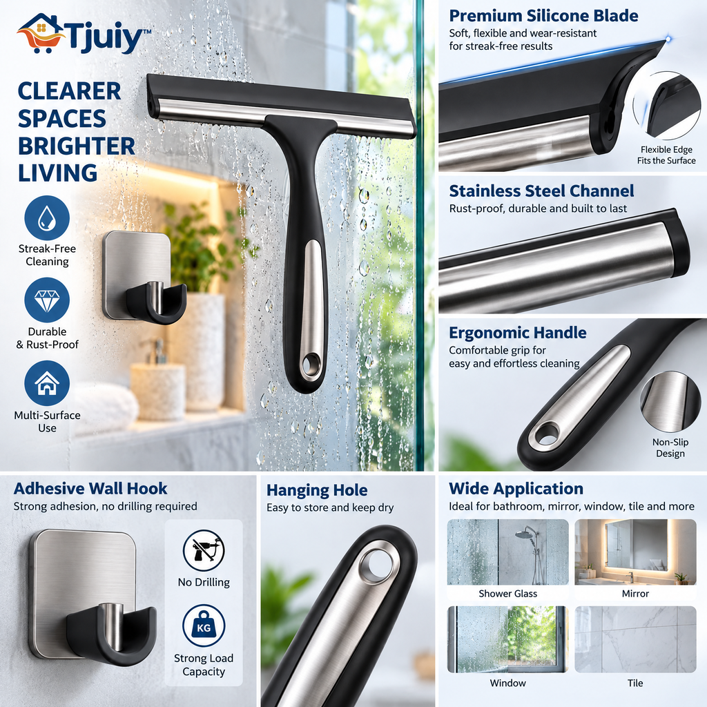 Tjuiy™ Stainless Steel Shower Squeegee with Wall Hook details and features