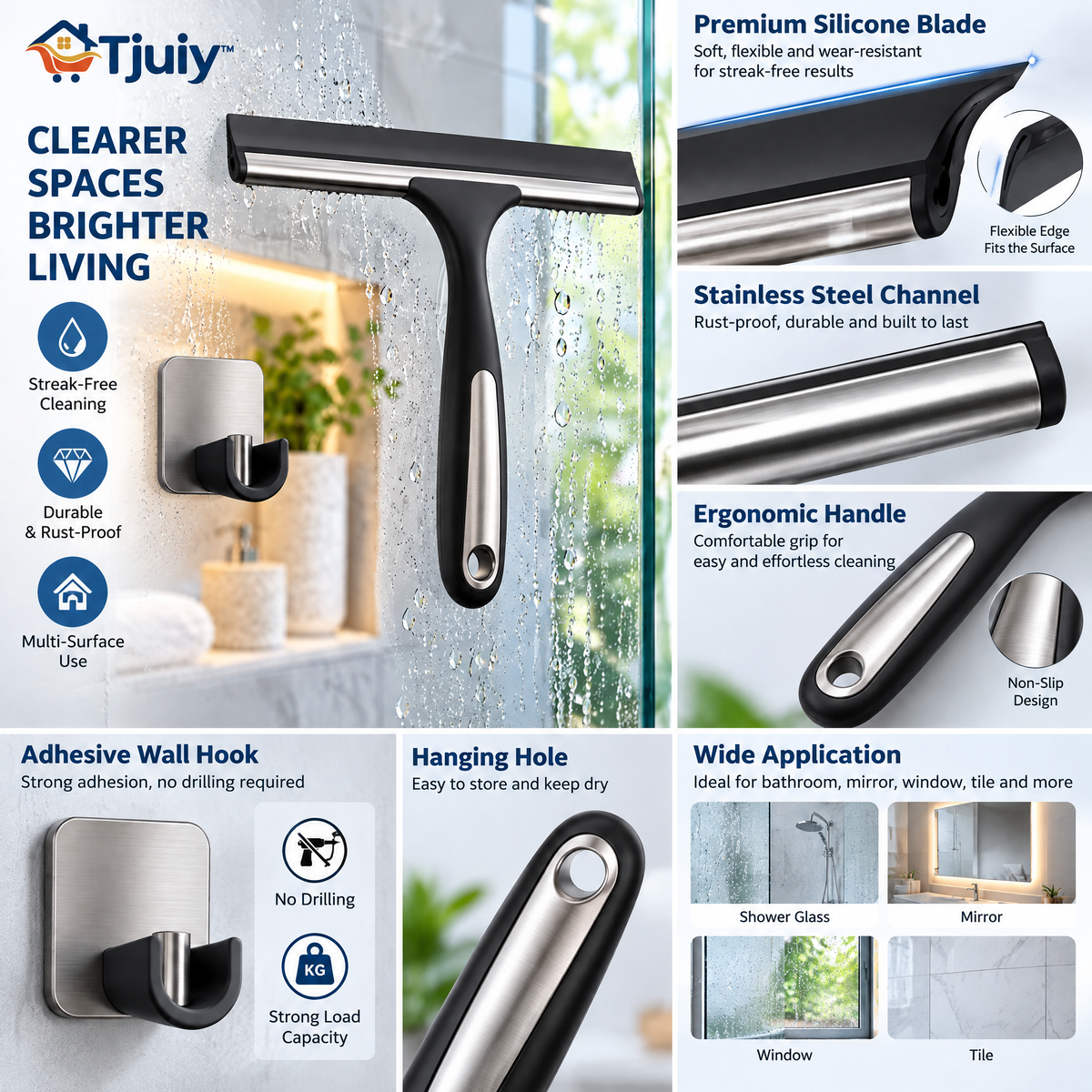 Tjuiy™ Stainless Steel Shower Squeegee with Wall Hook details and features