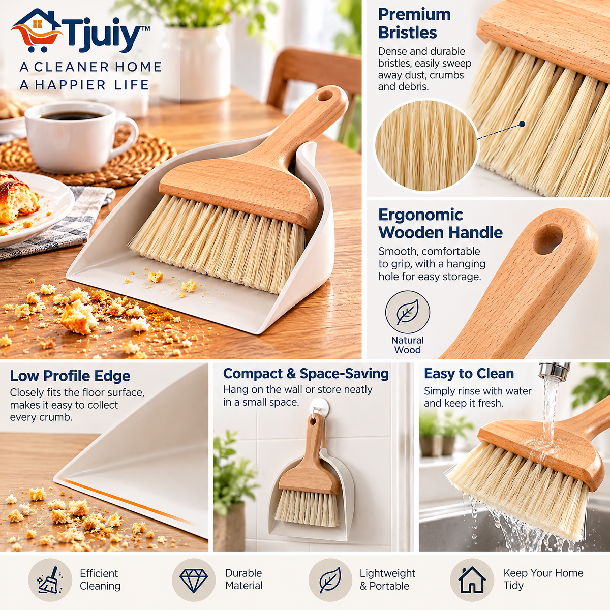 Tjuiy™ Beechwood Table Brush and Nesting Dustpan Set details and features