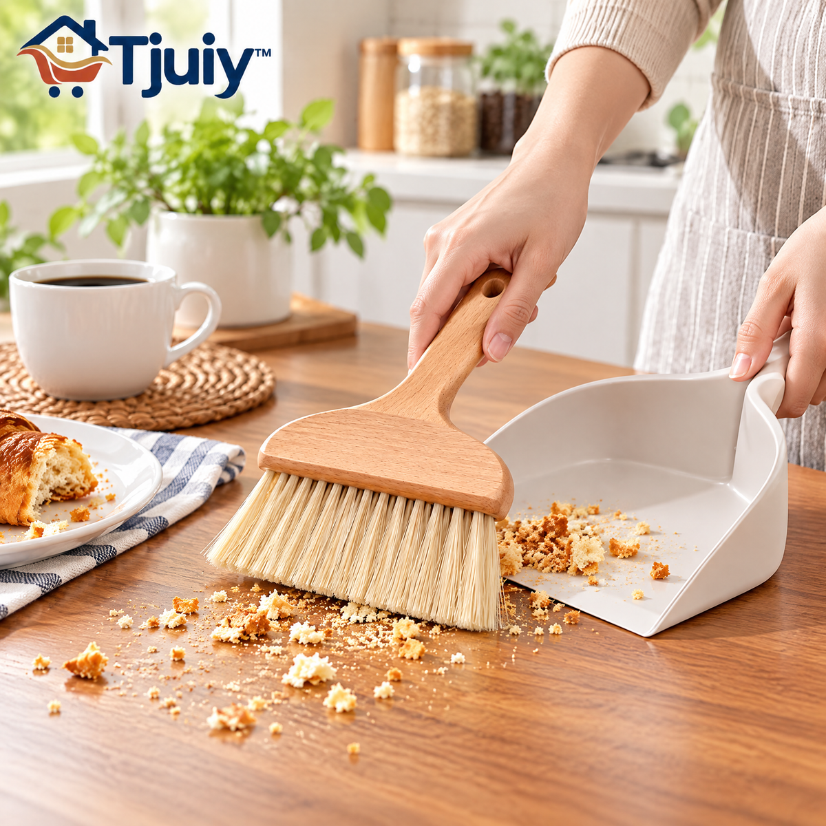 Tjuiy™ Beechwood Table Brush and Nesting Dustpan Set lifestyle scene