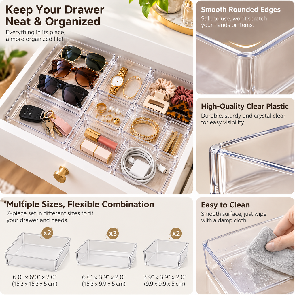 Tjuiy™ Modular Clear Drawer Organizer Tray Set details and features