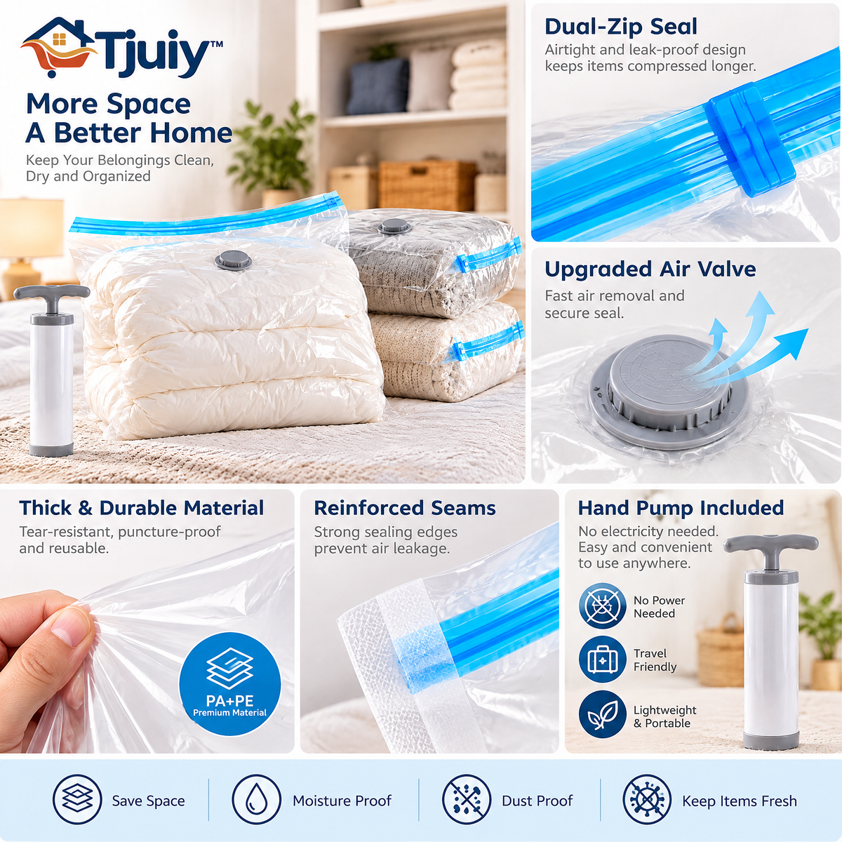 Tjuiy™ Reusable Vacuum Storage Bags with Hand Pump details and features