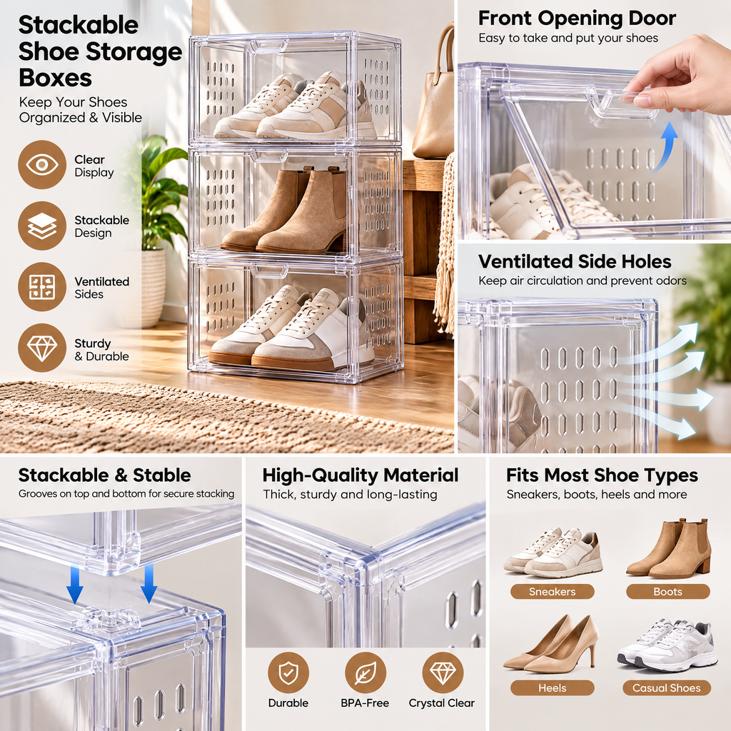 Tjuiy™ Stackable Clear Drop-Front Shoe Boxes details and features