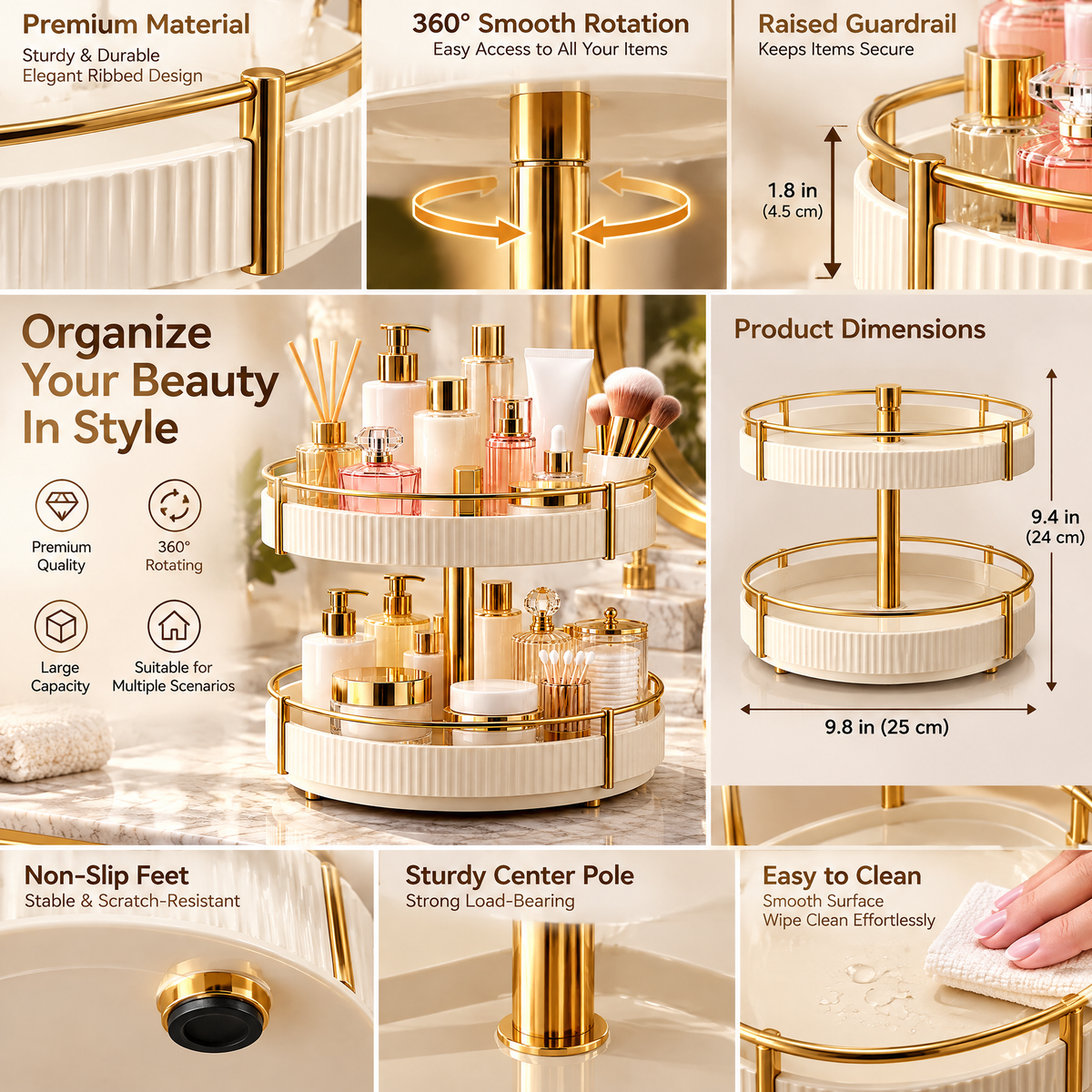 Tjuiy™ Two-Tier Rotating Vanity Organizer details and features