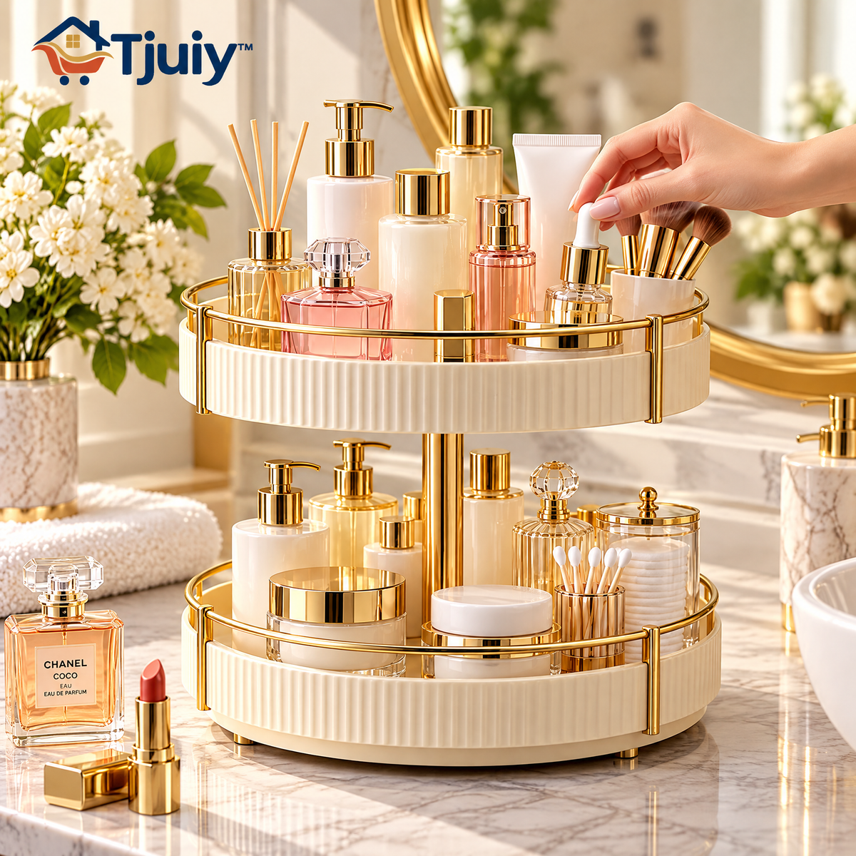 Tjuiy™ Two-Tier Rotating Vanity Organizer lifestyle scene